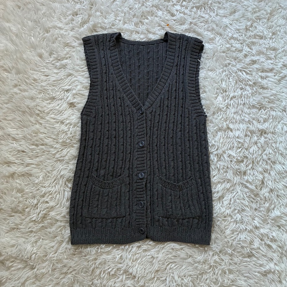 Vintage Grey Cable Knit Sweater Vest V-Neck Button Front Cardigan Sleeveless